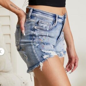 Judy Blue Women's Rainbow Paint Splash Splattered Distressed Denim Short Sz 2XL